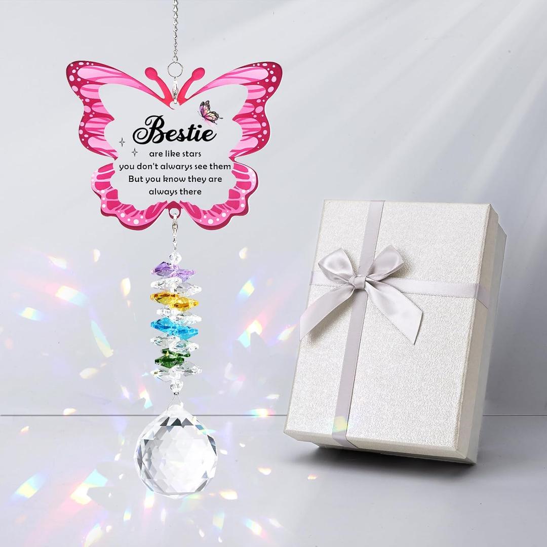 Butterfly Crystal Suncatcher Gifts for Best Friend, Bestie Birthday Gifts for Women Female, Friendship Suncatcher for Windows Hanging, Crystal Sun Catchers Indoor Window Decor (Pink)