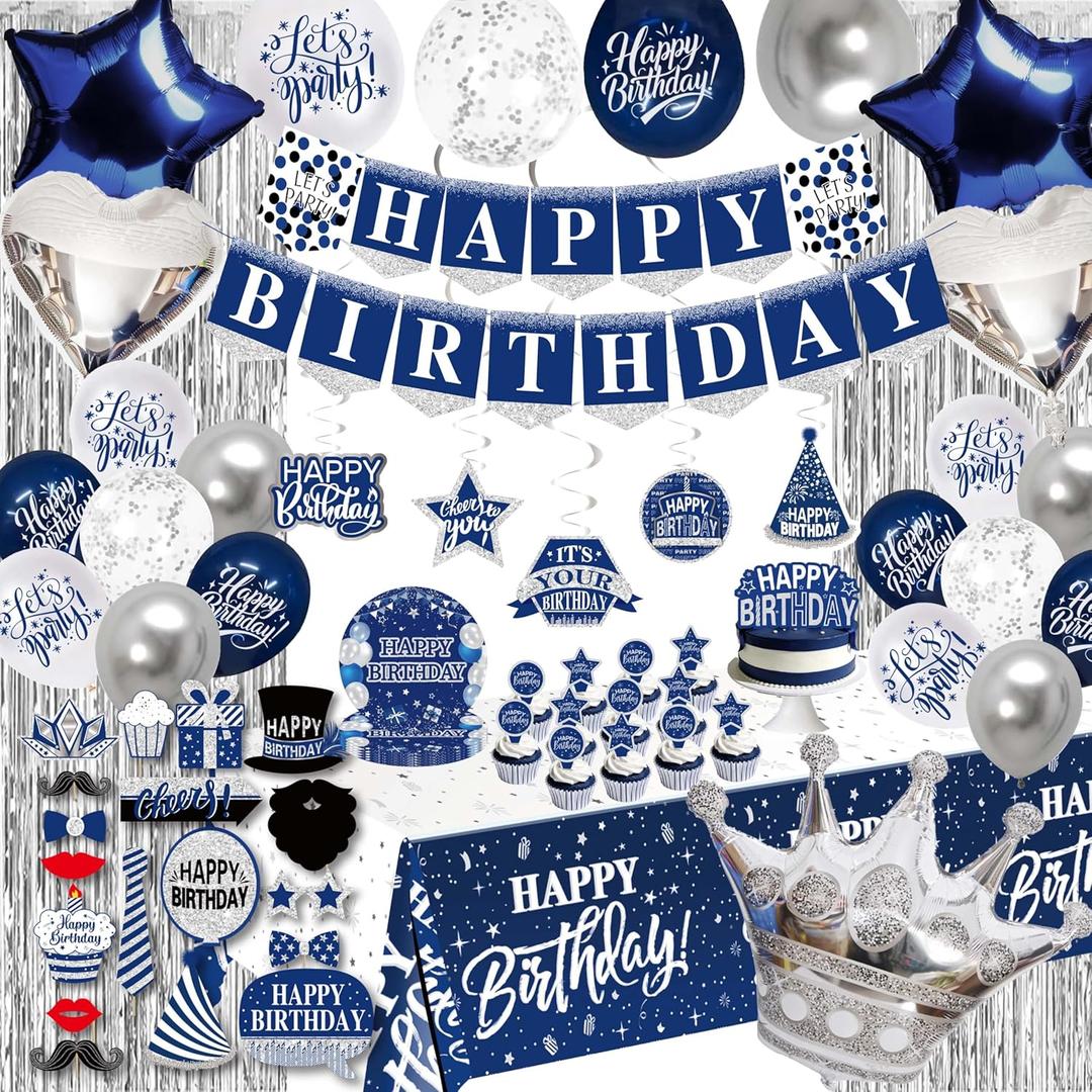 Birthday Decorations Men Blue - (Total 89pcs) blue party Banner, Pennant, Hanging Swirl, Foil Backdrops, balloons, Tablecloths, cupcake Topper, plates, Photo Props, birthday Sash for women boy