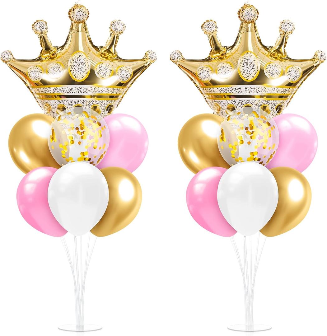 Seematn 2 Set Princess Balloon Stand Kits Pink Gold Crown Balloons Sticks Holder with Base, Princess Birthday Party Table Centerpiece Kit for Woman Queen Wedding Baby Shower Fairy Tale Decoration