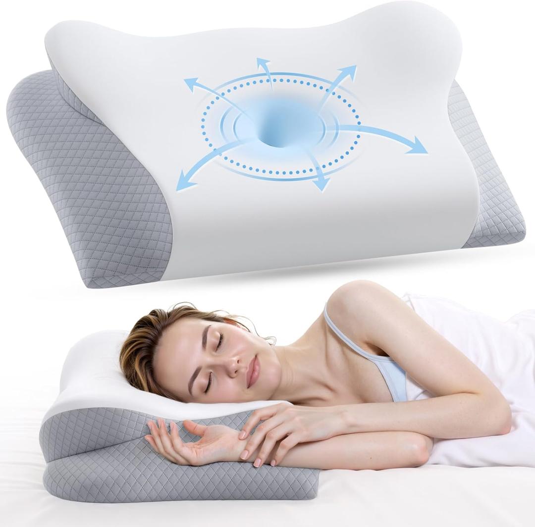 Memory Foam Neck Pillow - Ergonomic Contour Cervical Neck Pillow for Side Back Stomach Sleepers, 2-in-1 Orthopedic Neck Support Pillow with Cooling Pillowcase