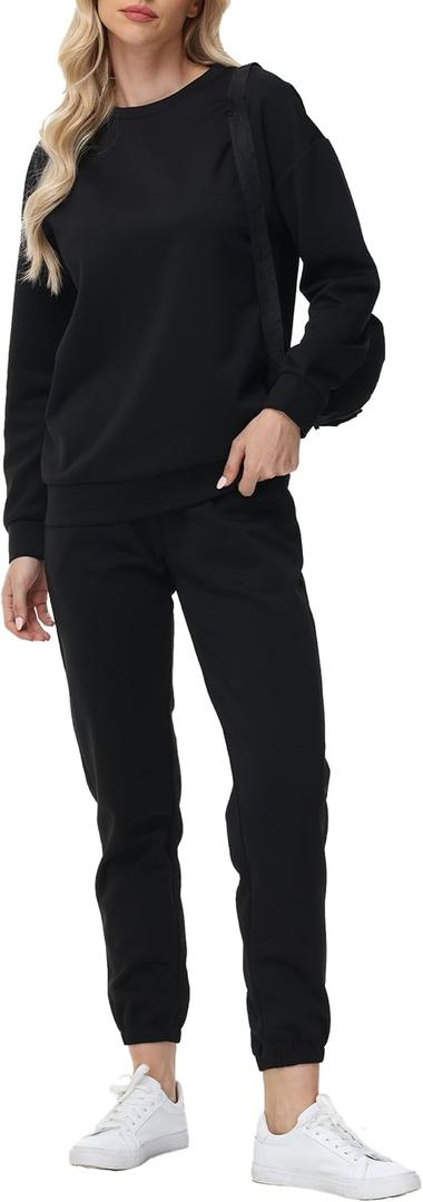 ZTN Women's 2 Piece Lounge Set Travel Airport Outfits Comfy Sweatsuit Set Baggy Sweatpants Fall Fashion with Pockets  (Medium, Black)