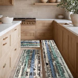 Farmhouse Kitchen Rug Sets of 3 Piece Non Slip Kitchen Rugs and Mats Washable Kitchen Mats for Kitchen Floor Mat Carpet Runner Rugs for Hallway Laundry Decor 17"x30"+17"x47"+17"x59" (Kitchen Rules-blue-green)