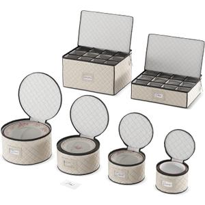 Woffit China Storage Containers - 4 Pack, Quilted Dinnerware & Stemware Set Bins for Packing Dishes and Glasses w/ 48 Felt Protectors - Essential Dish Supplies for Moving, Christmas, Seasonal Storage