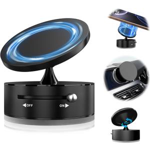 2 x 360 Rotatable Vacuum Magnetic Phone Holder for Car, One-Hand Operation Suction Phone Mount, Strong Magnetic Car Phone Stand for iPhone, All Smartphones (Gym/Airplane/Gym/Desktop/Any Surface) (Black)