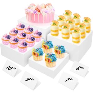 10 Large Buffet Risers with Mini Signs, Table Risers, Buffet Risers and Stands, Acrylic Cube Display Box Riser for Catering Party Buffet Table Food Display, Dessert, Cakes - White, Set of 4 Boxes
