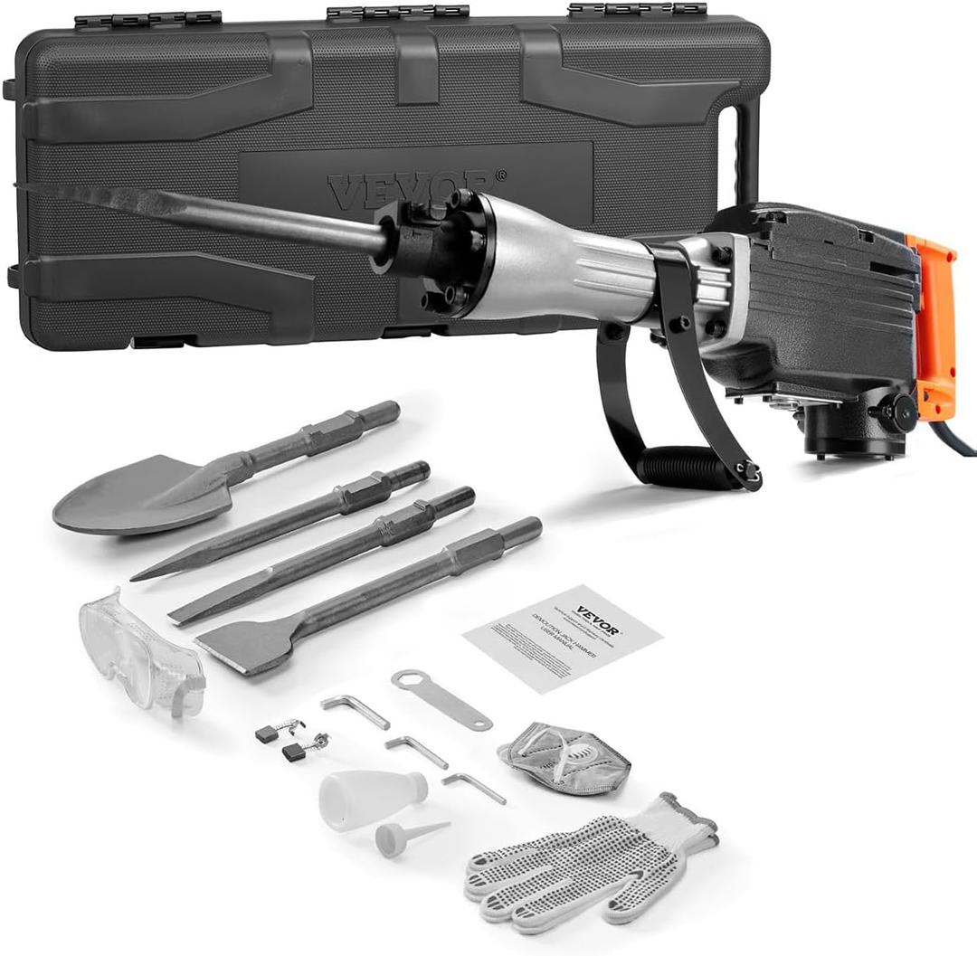 VEVOR Demolition Jack Hammer, 2200W Electric Jack Hammer Concrete Breaker, 1350 BPM Heavy Duty - 4pcs Chisels Bit with Case, Black