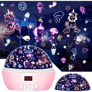 Kid Unicorn Night Light for Girls, and Baby Bear Night Lights Rotating Light Projector with Timer Color Changing Birthday Gifts for 3-5-10 Year Old Girls (Pink)
