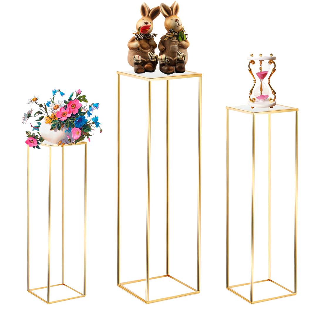 Latywen 3PCS Cylinder Pedestal Stands for Parties, Square Gold Metal Plant Cylinder Stands for Party Flowers, Display Columns Pedestal Stand Cylinder Tables for Vases Birthday Party Decorations