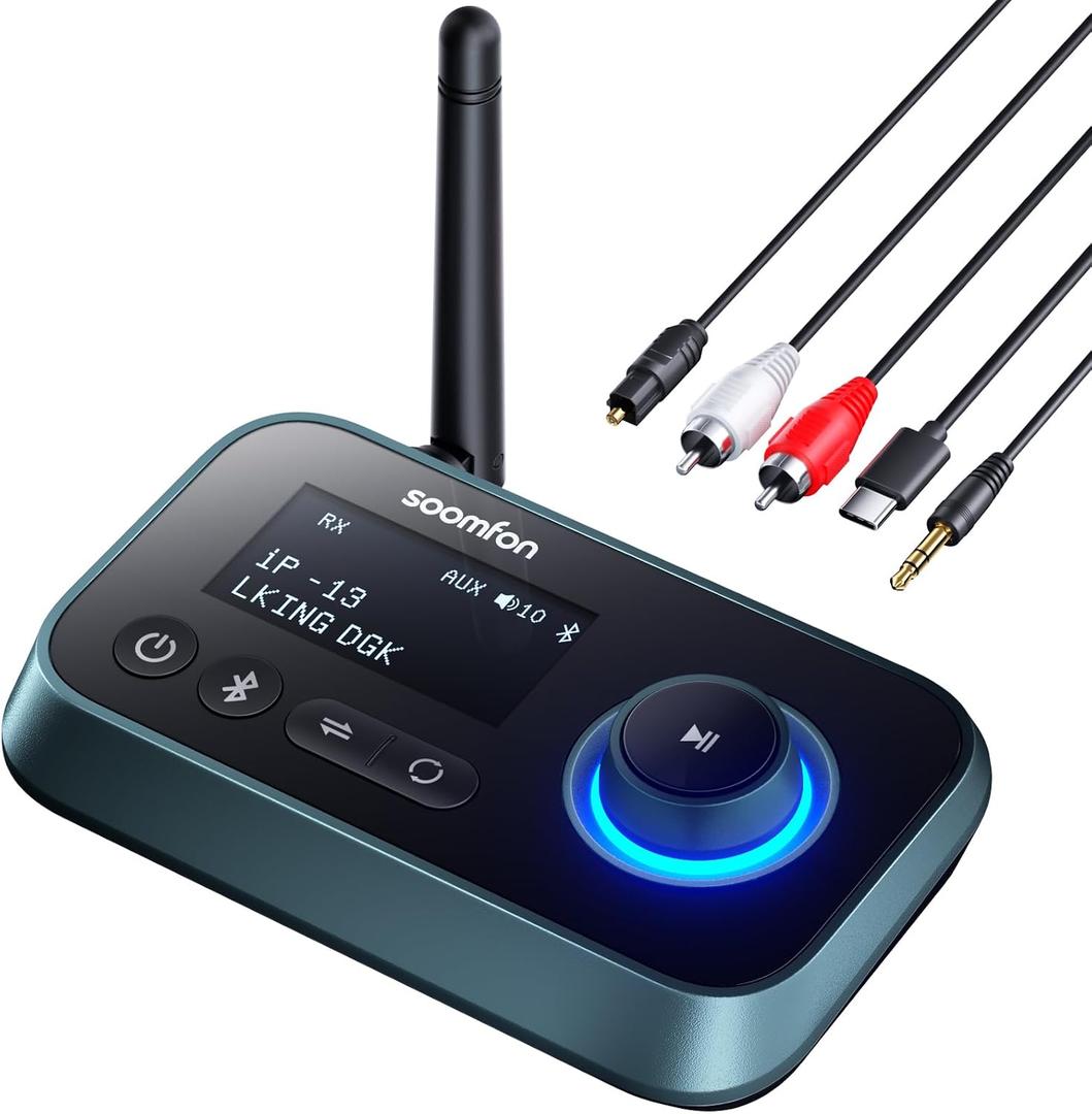 SOOMFON Bluetooth Transmitter for TV 3-in-1 Bluetooth 5.0 Transmitter Receiver for TV to 2 Headphones with LCD Display Adjustable Volume, Optical AUX RCA Bypass for Home Stereo Speaker