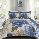 Luxudecor Beige Floral King Comforter Set 7 Pieces Bed in a Bag, Blue Flower Print on Beige Bedding Set,Soft Reversible Comforter with Sheets 104"x90"