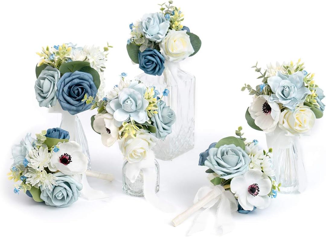 Ling's Moment Dusty Blue Wedding Table Centerpieces Mini Bridesmaid Bouquets Set of 6 Light Blue Rose Bouquets Pre-Made Floral Wedding Centerpieces for Reception Decor (Dusty Blue)