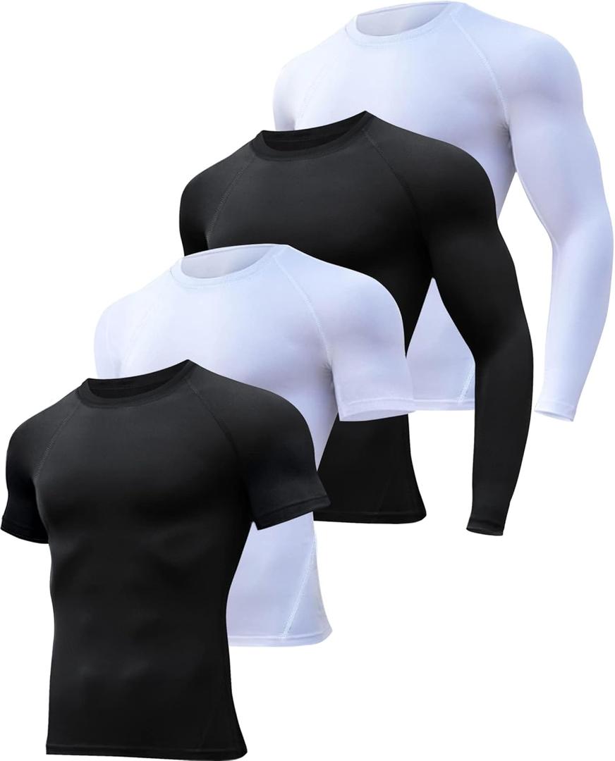 HOPLYNN 4 Pack Workout Compression Shirts Men Long/Short Sleeve Rash Guard Athletic Undershirt Gear T Shirt for Sports 2 Black 2 White, L
