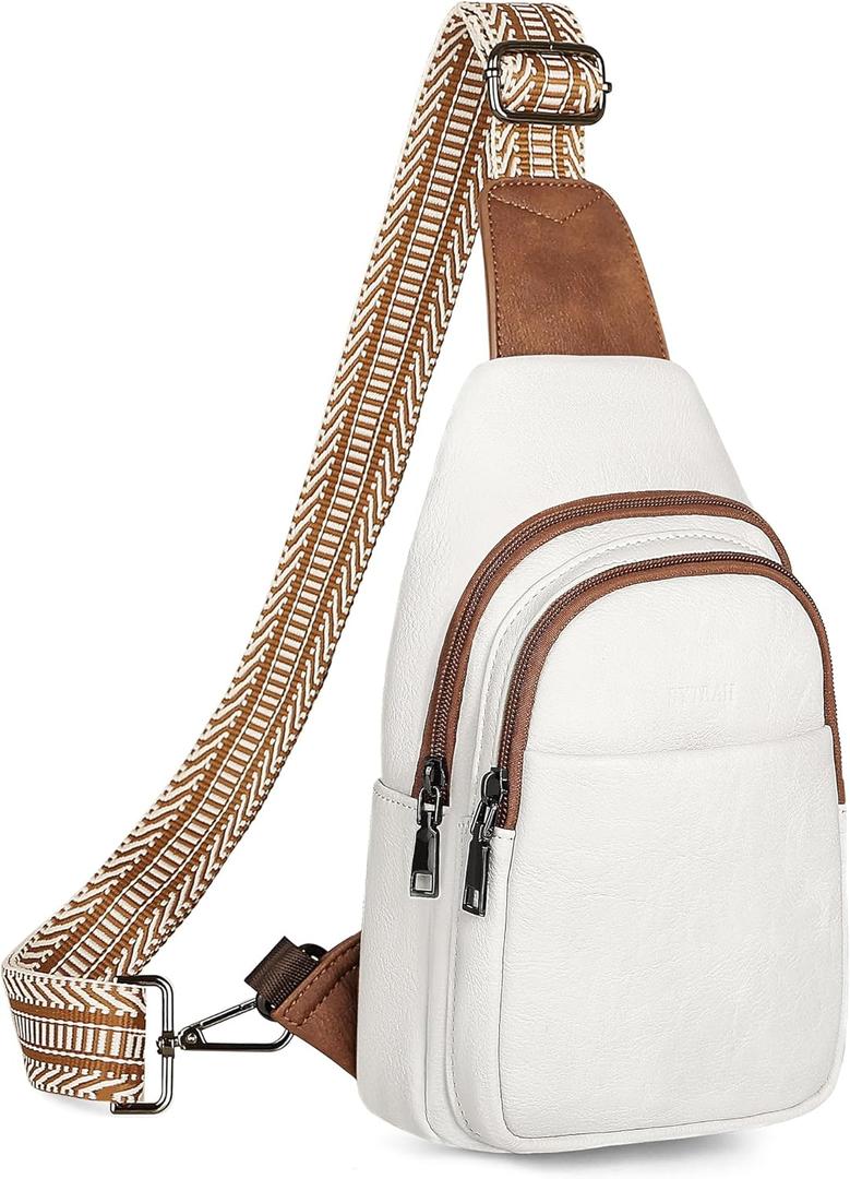 Sling Bag for Women, Crossbody Bags Purse for Women Trendy Vegan Leather Chest Bag with Adjustable Guitar Strap (Beige Brown)