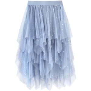 Tulle Skirts for Women Midi Long Fairy Skirt Tutu A-Line Mesh Layered High Elastic Waist Halloween Skirts (One Size, W-blue Sequin)