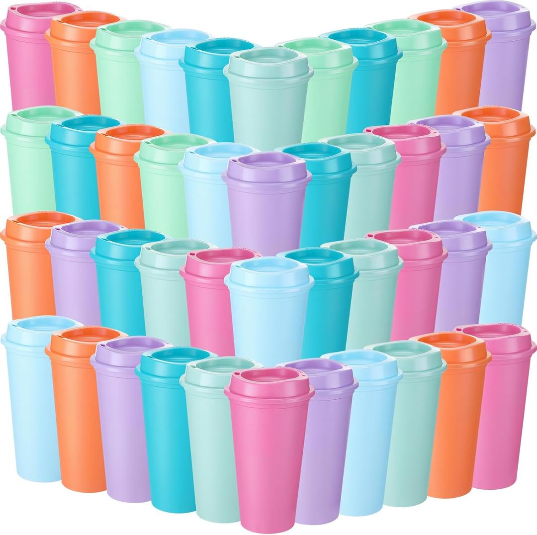 Honeydak 45 Pack 16 oz Reusable Coffee Cups with Lids Water Bottle Iced Coffee Travel Mug Reusable Portable Plastic Tea Tumblers Bulk for Hot and Cold Drinks Birthdays Party(Classic,Bright Colors)