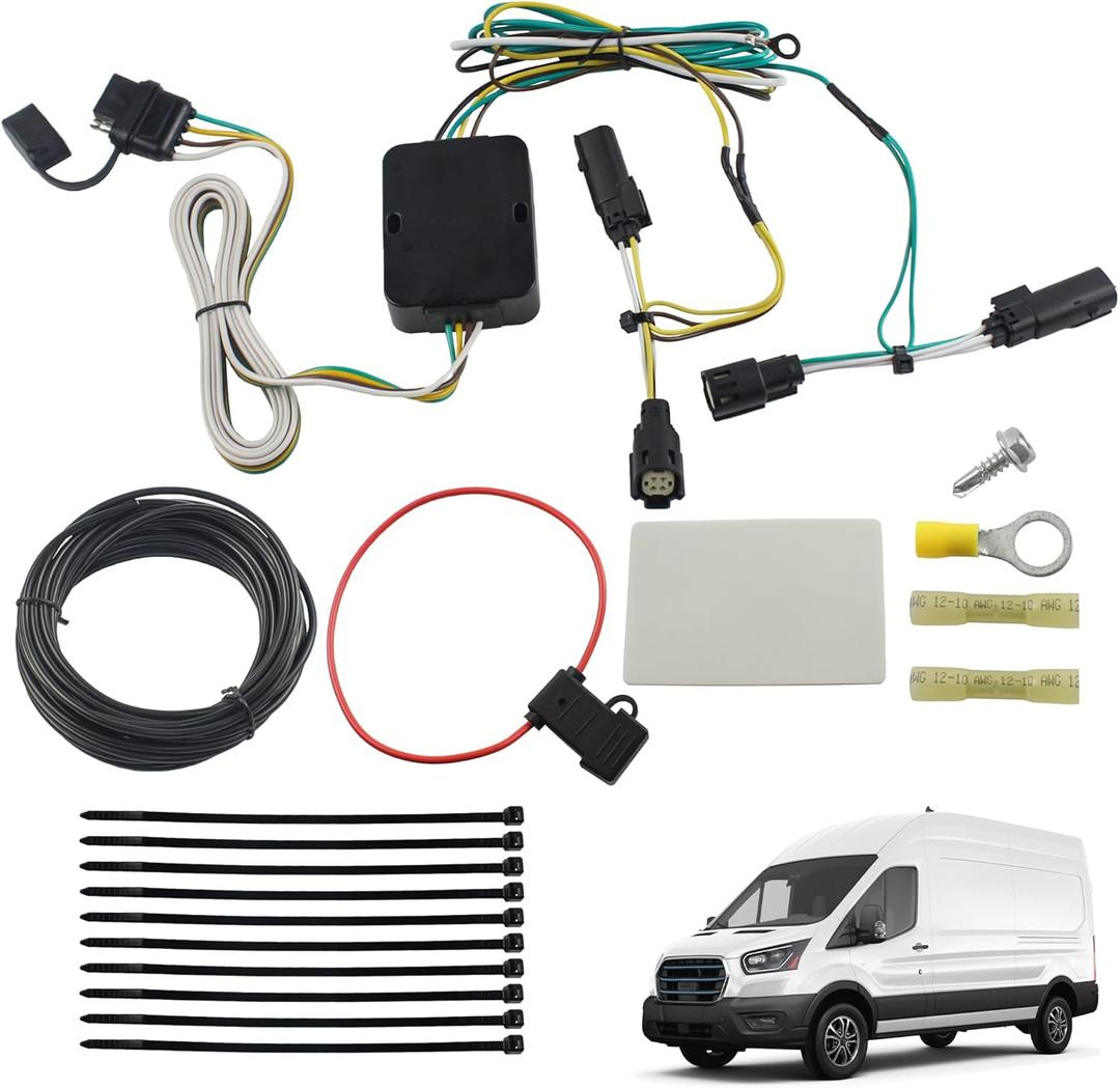 4-Pin Trailer Hitch Wiring Harness Kit Vehicle-Side Custom Compatible with 2015-2024 Ford Transit-150 250 350 HD Cargo Van Standard 4 Way Flat Trailer Connector Plug Replaces 56327