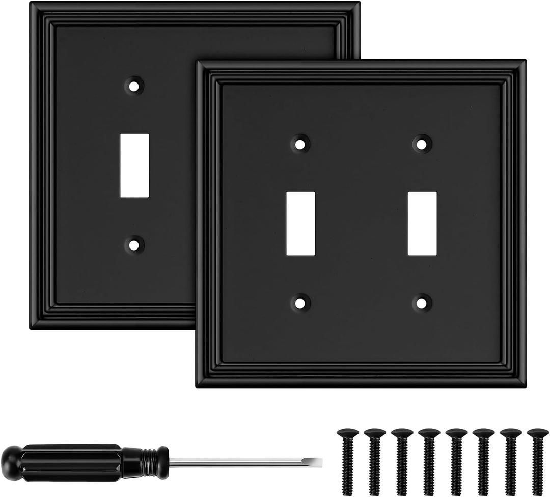 Black Modern Decorative Wall Plate Light Switch Cover Decorator Outlet Covers Rocker Switch Plates Bamboo Fiber Material Wall Plates for Kitchen Bathroom (2 Gang Double Toggle-2 Pack)