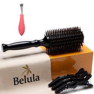 Boar Bristle Round Brush for Blow Out Set by Belula. Round Hair Brush For Blow Drying. Small 2 Wooden Barrel. Hairbrush Ideal to Add Volume and Body. Free 3 x Hair Clips & Travel Bag
