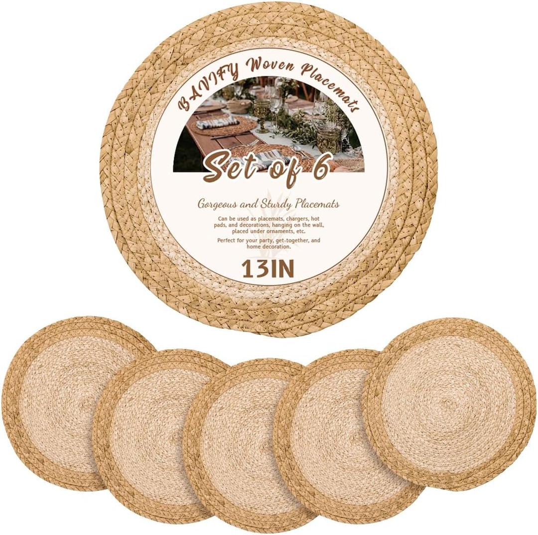 13 in Round Woven Placemats Plate Chargers Set of 6, Chargers for Dining Table Decor Boho Farmhouse Rustic Rattan Wicker Table Mats Jute Braided Place Mats Chargers for Dinner Plates (Natural Beige & Light Brown)