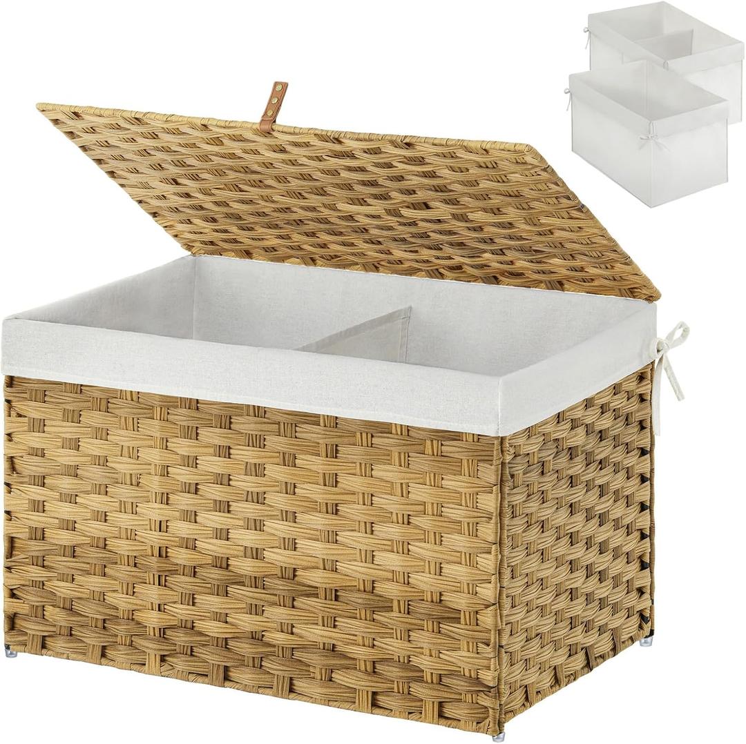 GREENSTELL Storage Basket with Lid, 17.2 Gallon(65L) Small Wicker Blanket Storage Basket with Handles, Foldable, 2 Removable Liner Bags, Metal Frame, for Bedroom, Laundry Room, Natural