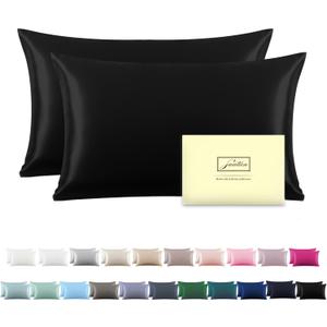 Silk Pillowcase for Hair and Skin,Soft,Breathable and Sliky 100% Queen Silk Pillow Case Set of 2,Both Sides Natural Mulberry Silk Pillowcases with Hidden Zipper(Queen Size 20"X 30",2pcs) (Black-2 Pack)