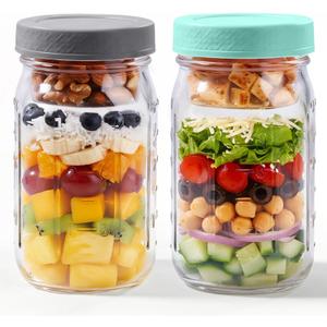 ComSaf 32oz Glass Salad Jars for Lunch 2-Pack, Round Mason Meal Prep Jars with Dressing Cup & Leakproof Lid, Anti-Soggy Salad Shaker for Office & Fitness, Precision Portion Control, Wellness