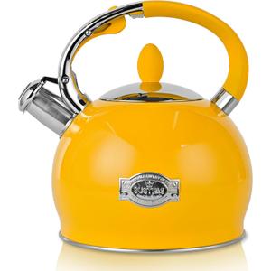 SUSTEAS Stove Top Whistling Tea Kettle - Food Grade Stainless Steel Teakettle Teapot with Cool Touch Ergonomic Handle, With 1 Silicone Pinch Mitt Included, 2.64 Quart,YELLOW