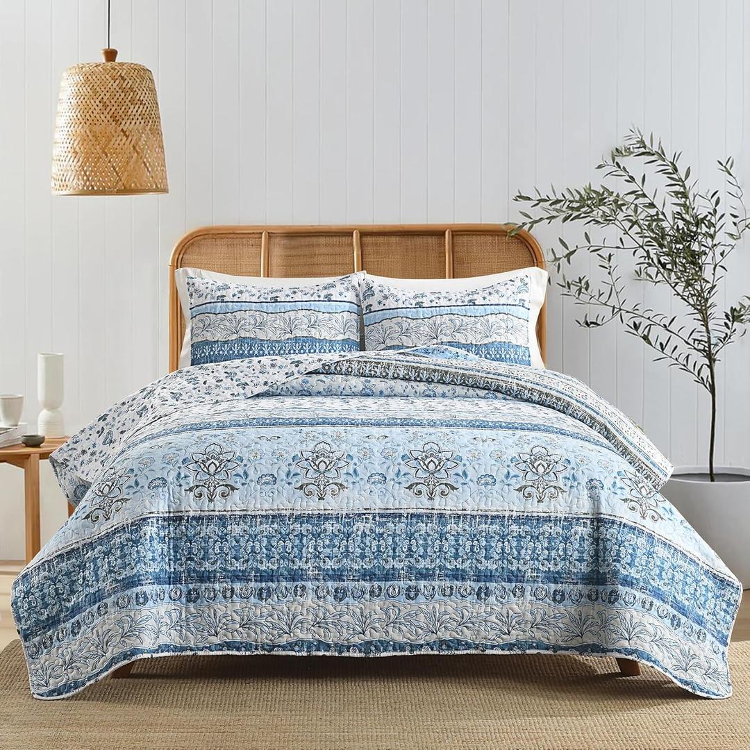 HORIMOTE HOME Coastal Quilt Bedding Set King Size, Reversible Blue Summer Beach Quilt Lightweight Ocean Nautical Comforter Tropical Bedspread Coverlet with 2 Pillow Shams for All Seasons (106"x96")
