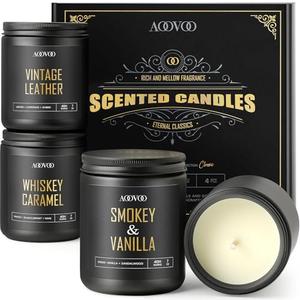 AOOVOO Scented Candles for Men - 4 Pack Candles for Home Scented, 28oz Soy Wax, 200 Hour Burn Time, Men Candle Set, Leather/Smoke & Vanilla/Whiskey Caramel/Lavender Candle Set