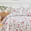 Flysheep Botanical Quilt Set King Size 3 Pieces, Blush Pink and Grey Flowers Printed Elegant Floral Summer Bedding Set, Soft Microfiber Lightweight Bedspread/Coverlet for All Season - 104"x90"