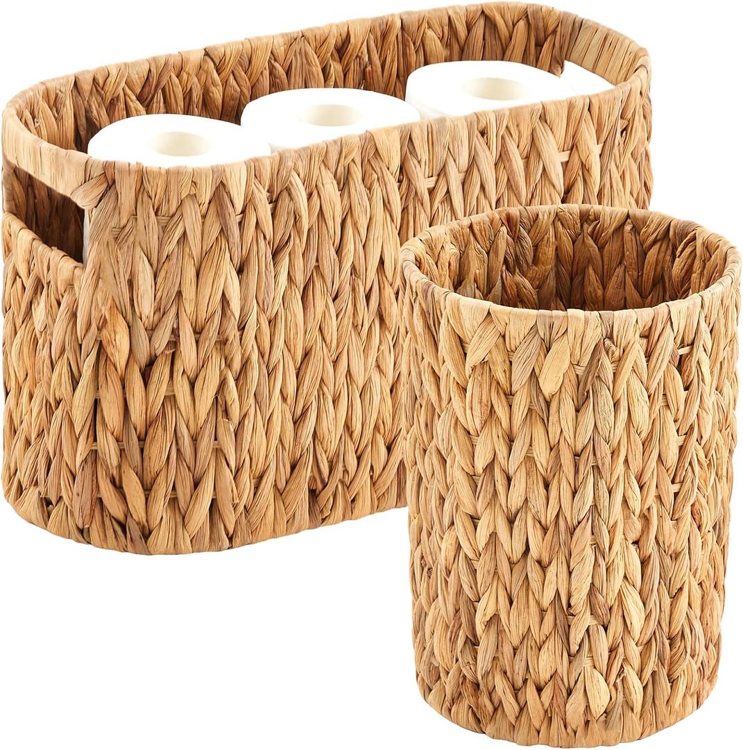 Maxdot Wicker Toilet Paper Storage Basket for 6 Rolls and 2 Gallon Wicker Trash Can Toilet Storage Holder with Handles Paper Water Hyacinth Boho Basket Set for Bathroom Home Compact Spaces