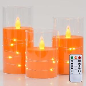 Zevanor Flameless Flickering 3" x4" 5" 6" Clear Plastic Orange 11-Key Remote Candles with Light Strings, LED Battery Operated Cycle Timer Pack of 3 Candles for Halloween Festival Decor
