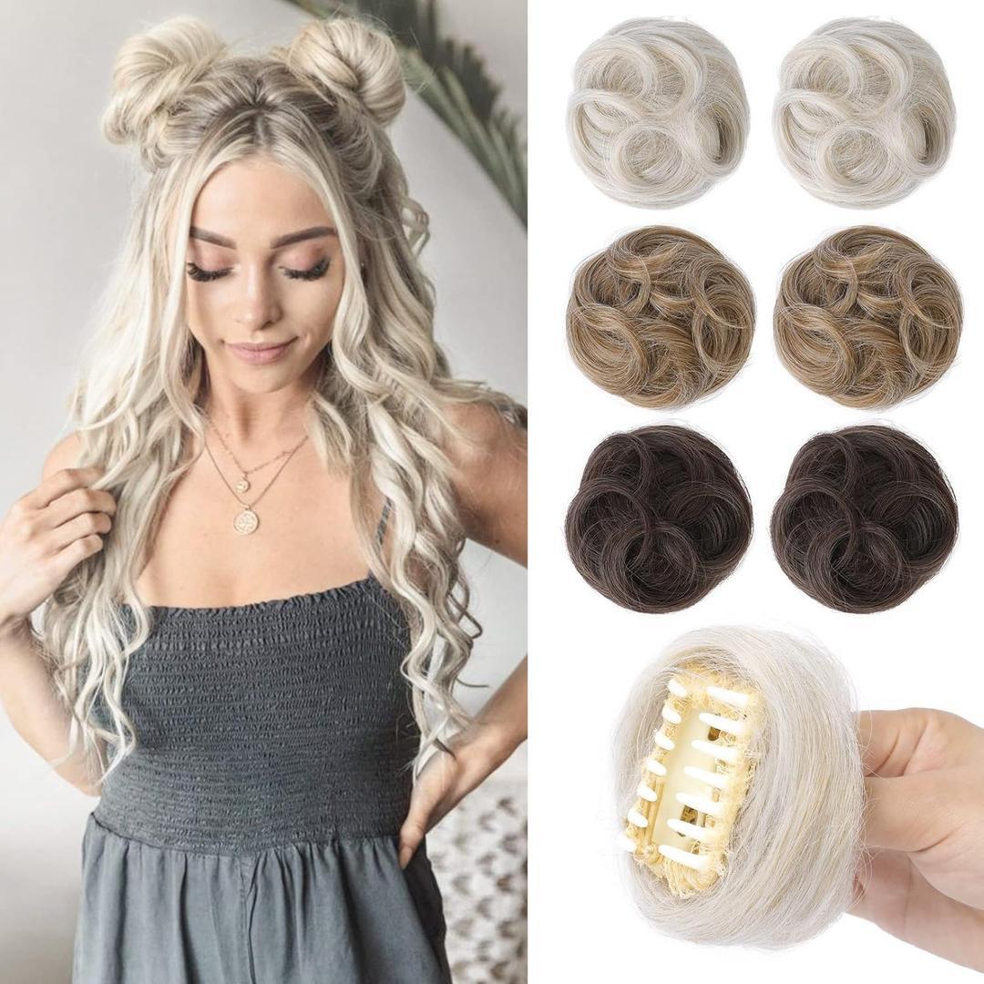 REECHO 2 PCS Mini Claw Clip in Messy & Cat Ears Hair Bun Extensions HB001 Wig Accessory Updo Hairpieces for Women Girls (Pack of 2-3.5" Wavy, Pearl Platinum)