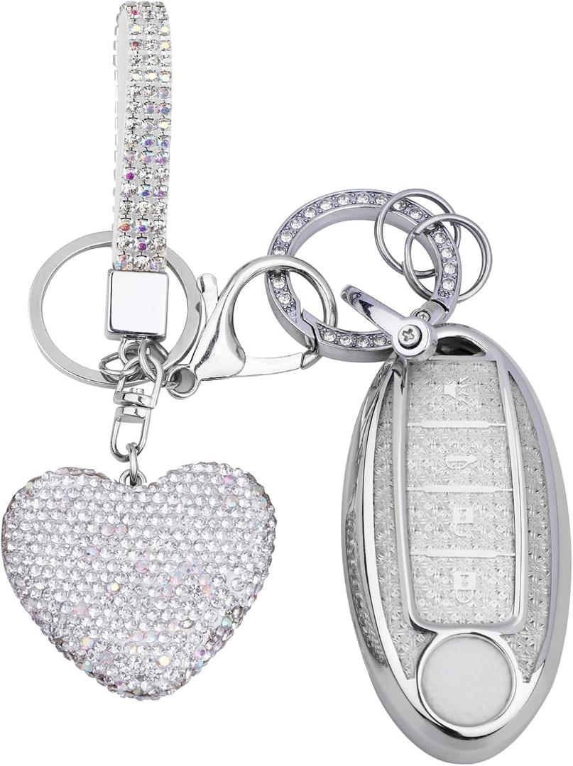 Nissan 4 Buttons Key fob Cover with Diamond Heart Keychain, Car Accessories TPU for Murano Sentra Altima Rogue Kicks Armada Pathfinder, Clear