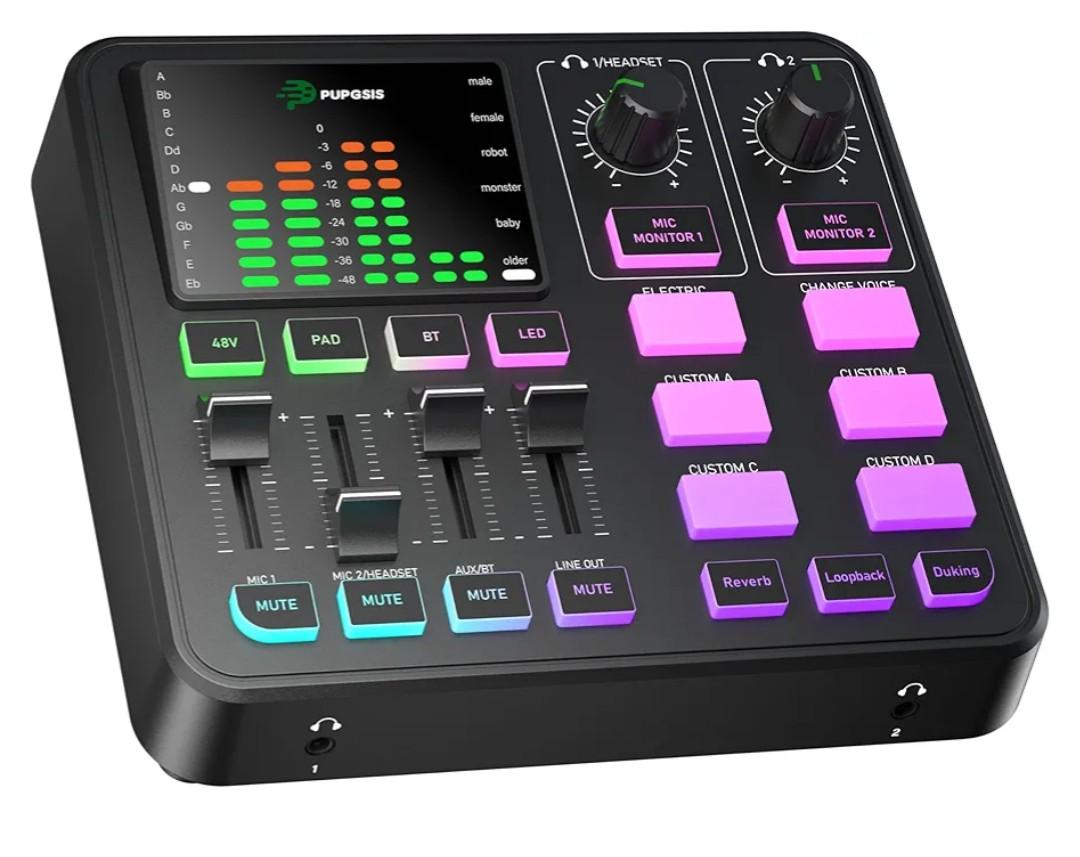 PUPGSIS Gaming Audio Mixer, Audio Interface for PC/Podcast/Streaming, Sound Board with 3.5mm/XLR Mic Input, 48V Phantom Power, Voice Changer, Live Sound Card with DJ Mixer Effects/Bluetooth/4 Channel