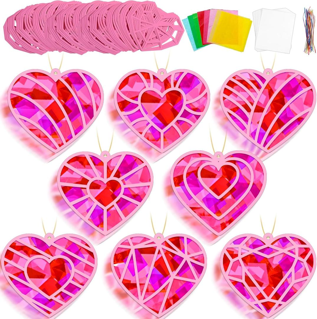 32 Sets Valentines Day Heart Suncatchers Craft Kit DIY Window Stained Glass Effect Valentines Heart Paper Crafts Home School Classroom Decoration Birthday Gift Creative Art Project & Activity Game