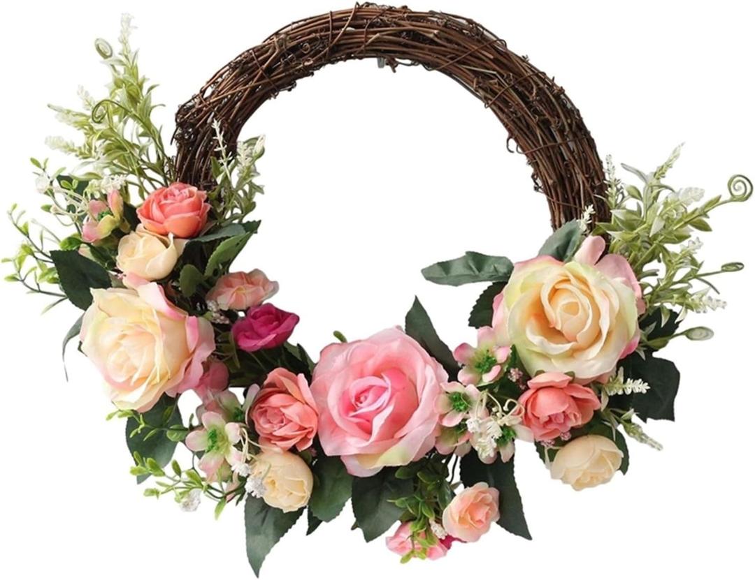Artificial Rose Flower Wreath Spring Wreath for Home Office Garden Party Wedding Arch Front Door Wall Window Decor