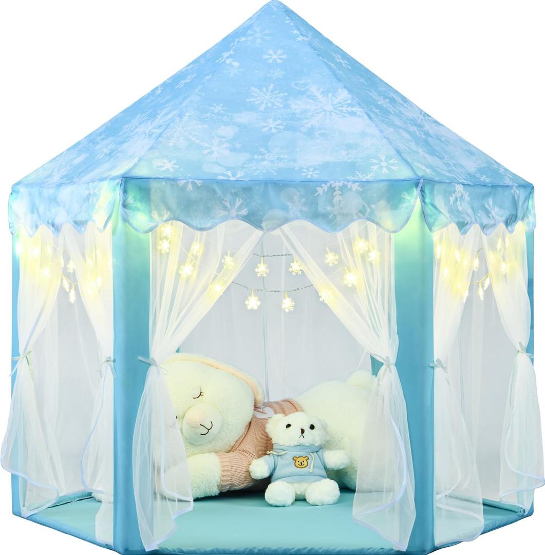 KIXINWA Frozen Princess Tent for Girls, Kids Play Tent with LED Small Snowflake Lights, Castle Playhouse Tent for Children Toddlers Indoor Outdoor Games, 55×53 Inches