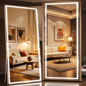 Full Length Mirror with Lights, 95" x 40" LED Lighted Floor Standing Mirror, Tempered Glass, Square White