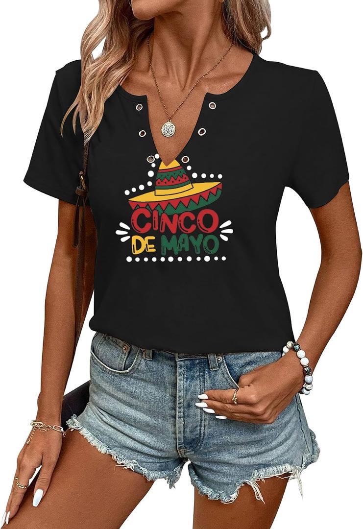 Women's Cinco De Mayo Shirt Mexican Fiesta Graphic Notched Neck Short Sleeve Tops, XL