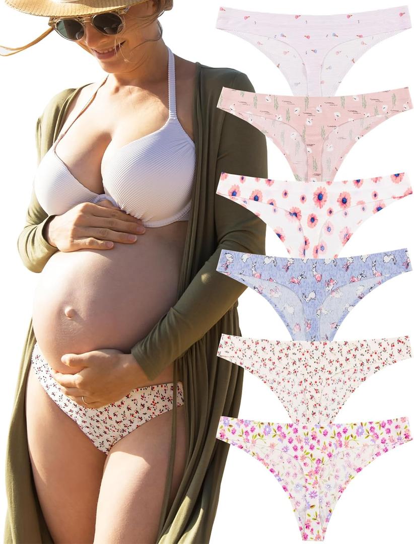 KUKU PANDA No Show Thongs for Women Ladies Comfortable Maternity Panties Seamless Underwear Set Athletic Workout Variety Pack (Large, Cute & Pink)