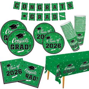 Graduation Party Supplies Gatherfun Graduation Party Dinnerware Set Green Disposable Paper Plates Napkins Cups Tablecloth Banner for Congrats Grad Party Decorations, Serve 25