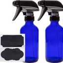 Cornucopia Brands 8-Ounce Cobalt Blue Glass Boston Round Spray Bottles (2 Pack) 3-Setting Heavy Duty Sprayers, Empty Refillable Bottle
