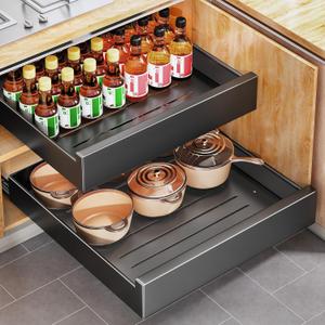 Pull out Cabinet Organizer, 21"Deep, 20"Wide Full-Extension Heavy Duty Slide out Drawers with Nano Adhesive, Roll Out Shelves Sliding Cabinet for Kitchen, Bathroom, Pantry, Under Sink Storage(Black)