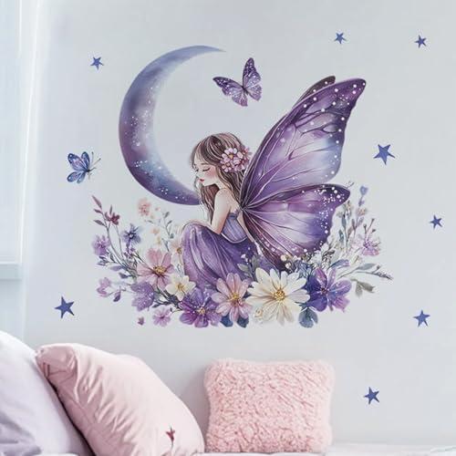 Purple Butterfly Girls Wall Stickers for Girls Room Fairy Wall Decals Removable Vinyl Peel and Stick Moon Flowers Star Wall Decor for Children's Living Room Bedroom Nursery