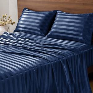 BEDELITE Satin Sheets Queen Size, Luxury Jacquard Striped Navy Bedsheets Set with Elastic Corner Straps, Similar to Silk Sheets Set 4 PC with 1 Deep Pocket Fitted Sheet, 1 Flat Sheet, & 2 Pillowcases