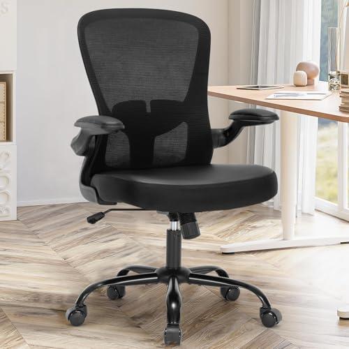 TOPBSHODC Office Chair, Ergonomic Mesh PU Leather Desk Computer Chair, with Lumbar Support, Adjustable Height, Executive Swivel Rolling with Flip-up Arm, Black