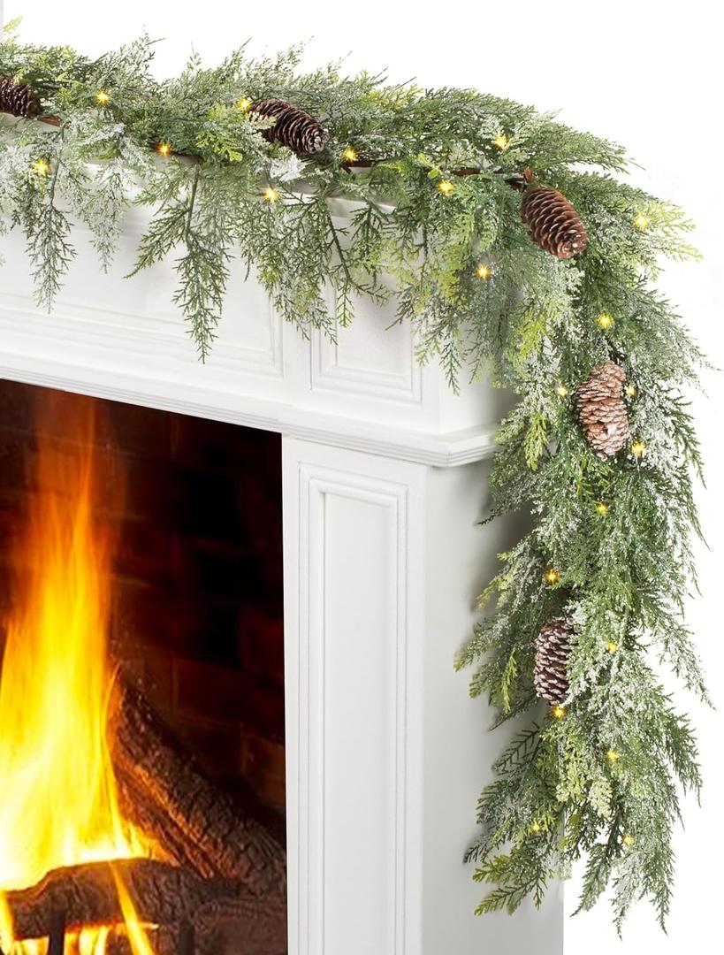 JOJOLEE 72inch Prelit Christmas Garland with Timer Light, Battery Operated Snowy Cedar Evergreen Garland with Frosted Pine Cones, Mixed Cedar Pine Branches, 8 Lighting Modes for Mantle Staircase Decor