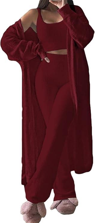 Fixmatti Women's Fuzzy 3 Piece Sweatsuit Open Front Cardigan Crop Tank Tops Wide Legs Pants Lounge Sets
