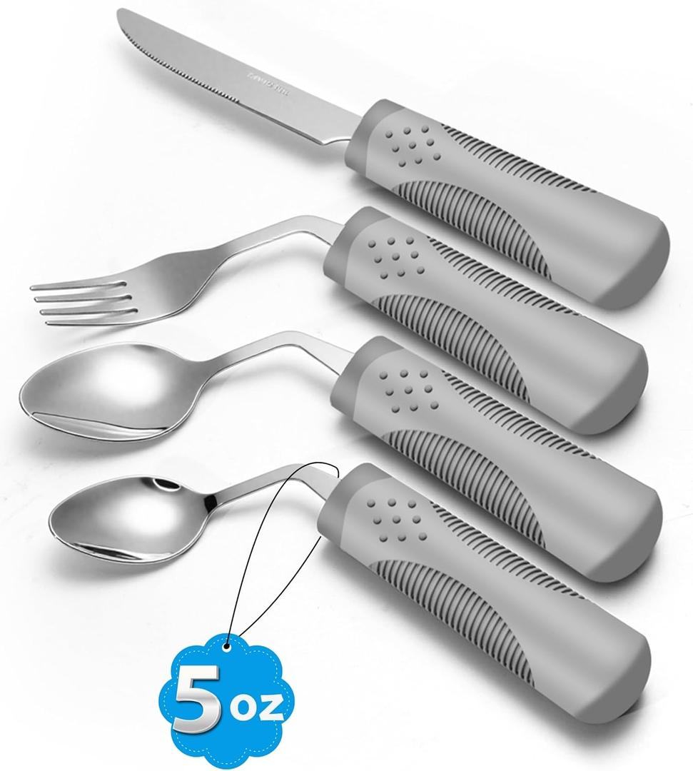 Adaptive Utensils (4-Piece Set) Weighted 5 oz - 42 Angled Utensils for Parkinson's Patients, Hand Tremors, Arthritis & Elderly - Eating Utensils for Elderly (Grey: Right Handed)